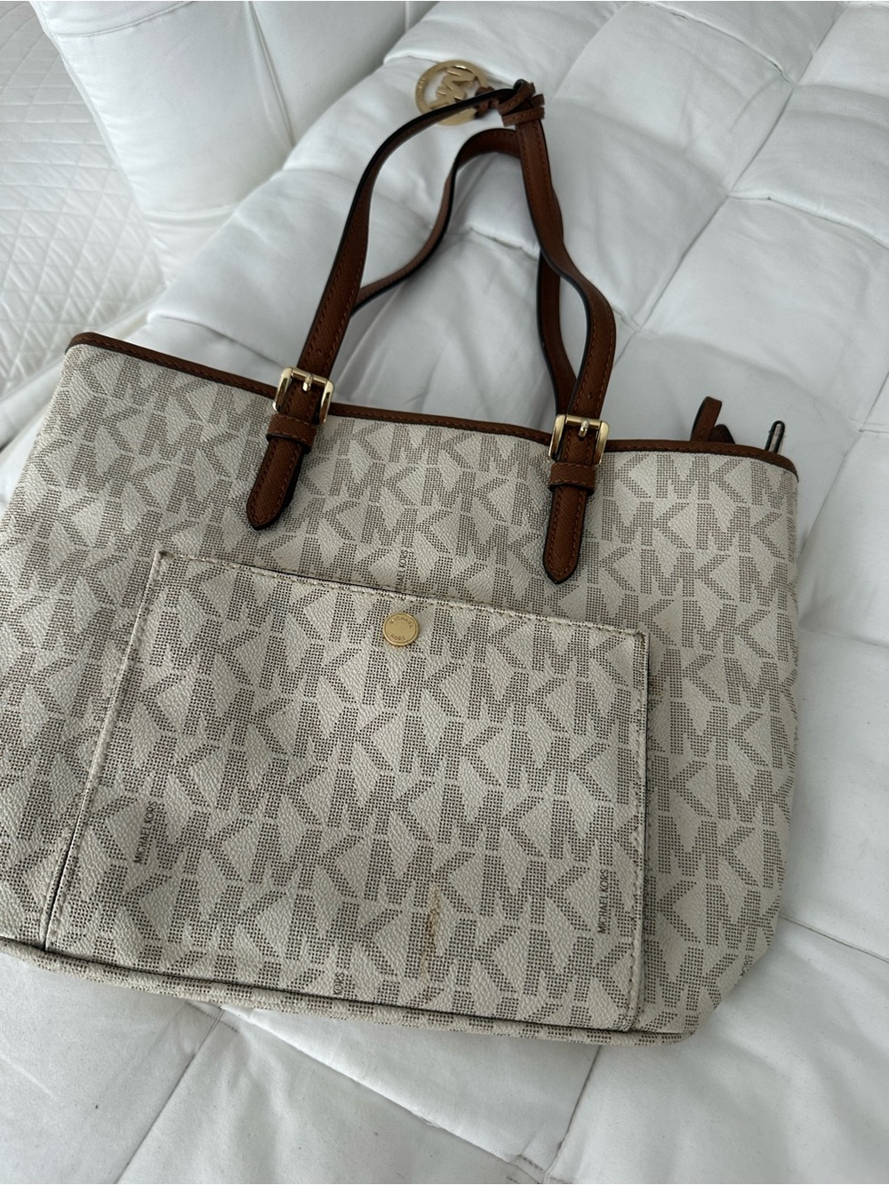 Michael Kors Cream and Brown Signature MK Tote - Picture 7 of 9